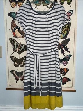 Boden Striped Midi Dress in White, Gray & Mustard